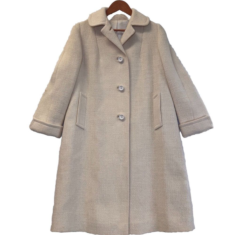 Vintage ILGWU 1960-70 Winter White Tweed Swing Coat Ladies 21" Bust 40" Length - Picture 1 of 16